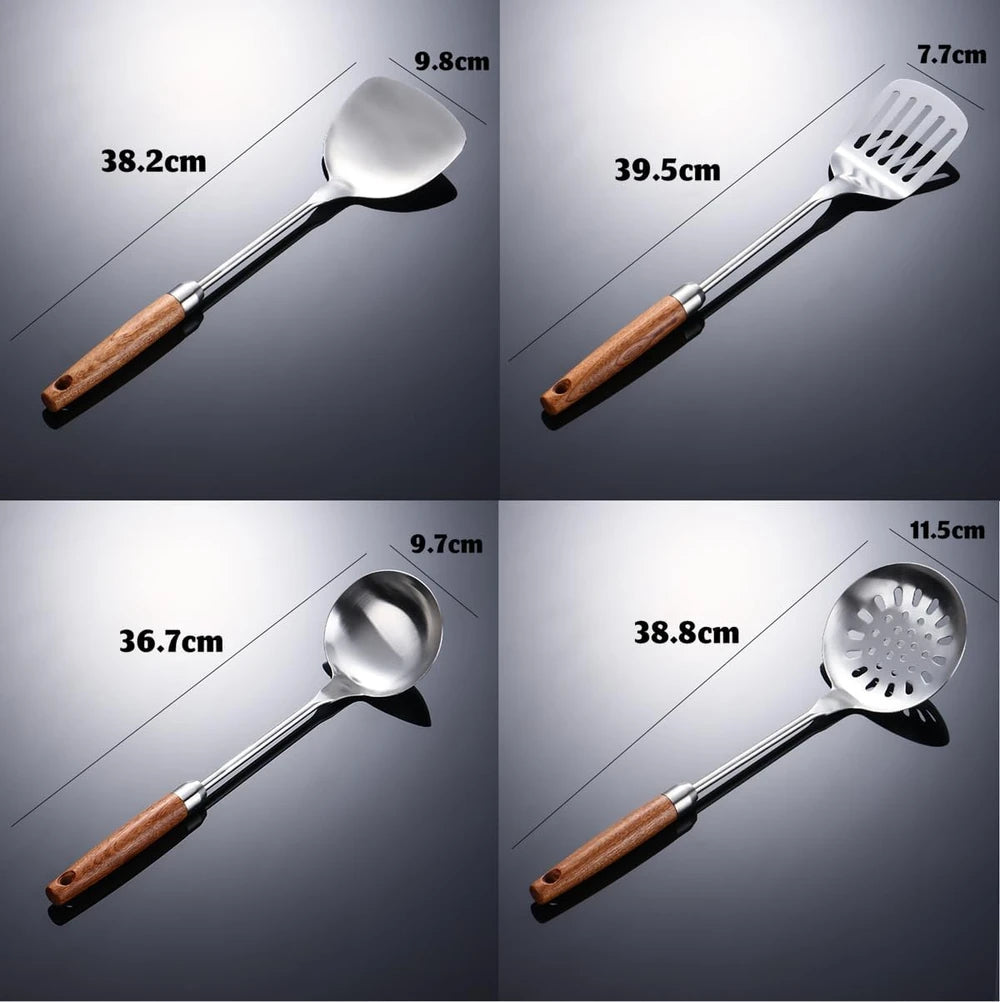 Set Ustensiles de Cuisine Inox & Bois