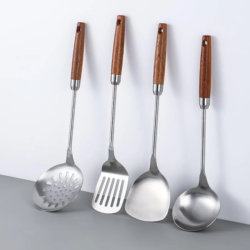 Set Ustensiles de Cuisine Inox & Bois