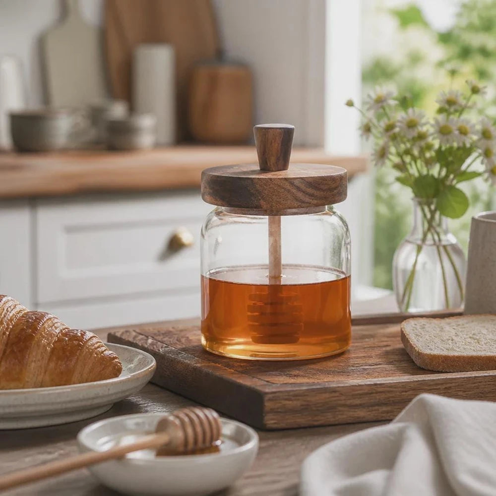 Pot à Miel en Verre & Cuillère en Bois