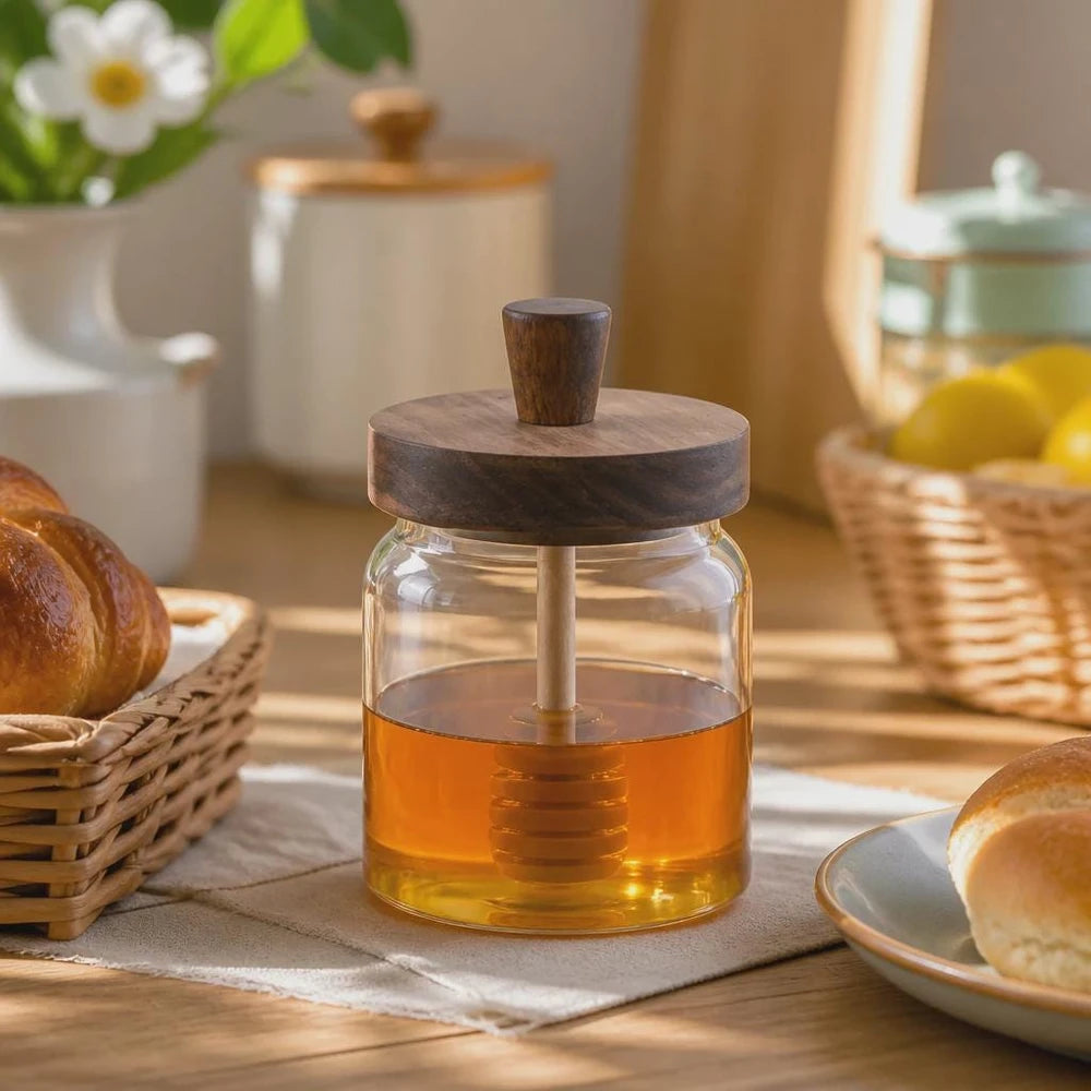 Pot à Miel en Verre & Cuillère en Bois