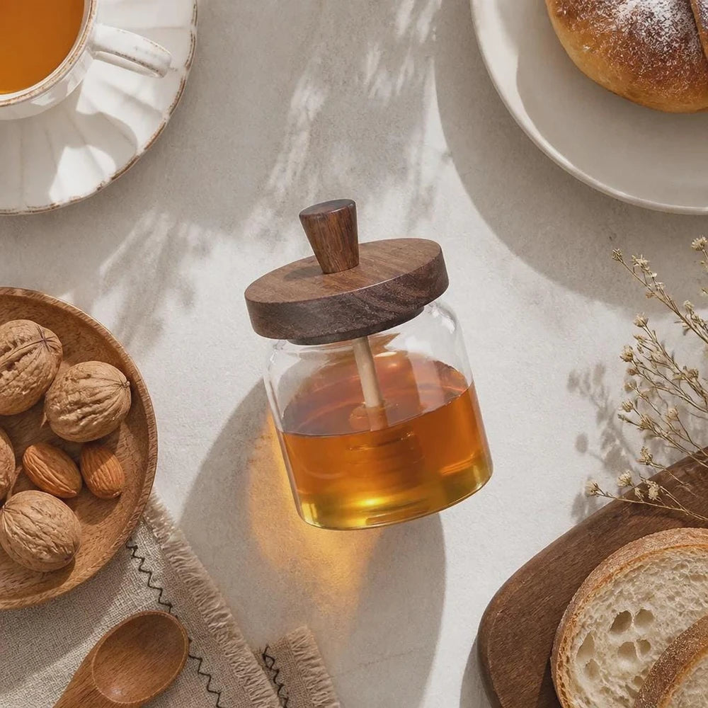 Pot à Miel en Verre & Cuillère en Bois