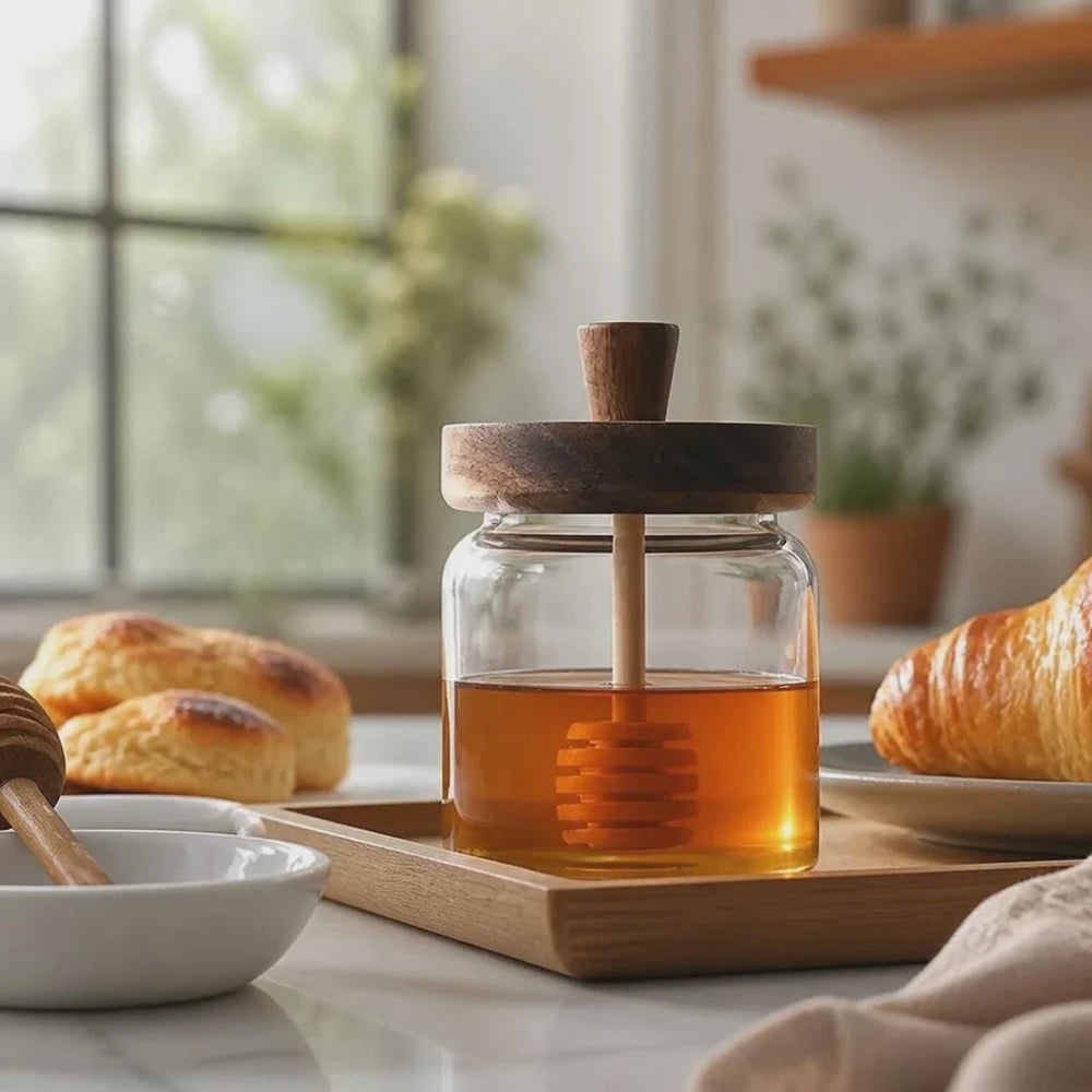 Pot à Miel en Verre & Cuillère en Bois