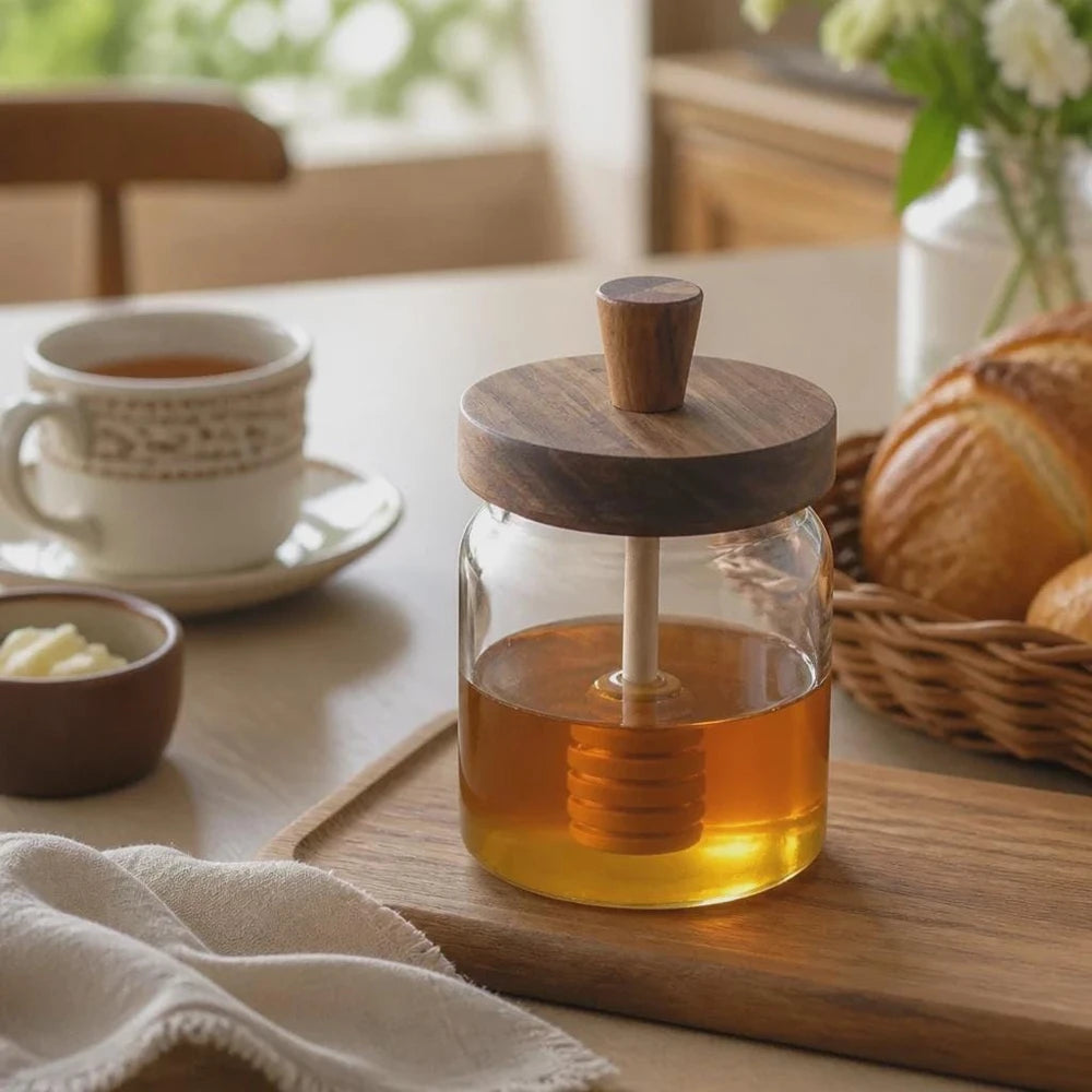 Pot à Miel en Verre & Cuillère en Bois