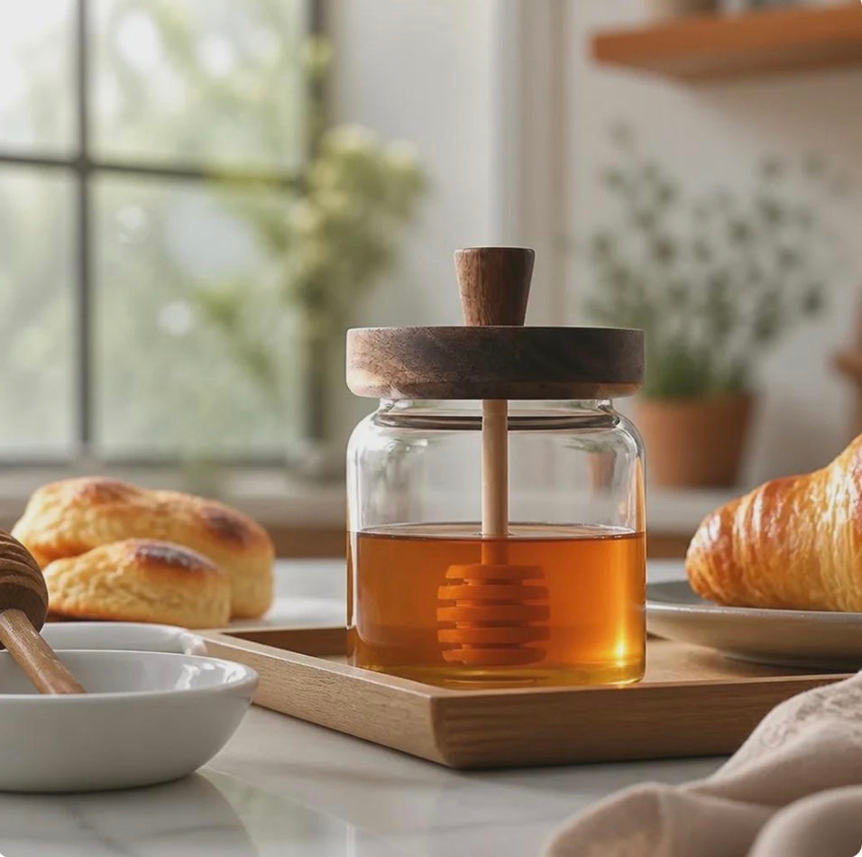 Pot à Miel Verre Borosilicate – Distributeur Cuisine Cuillère Bois Naturel