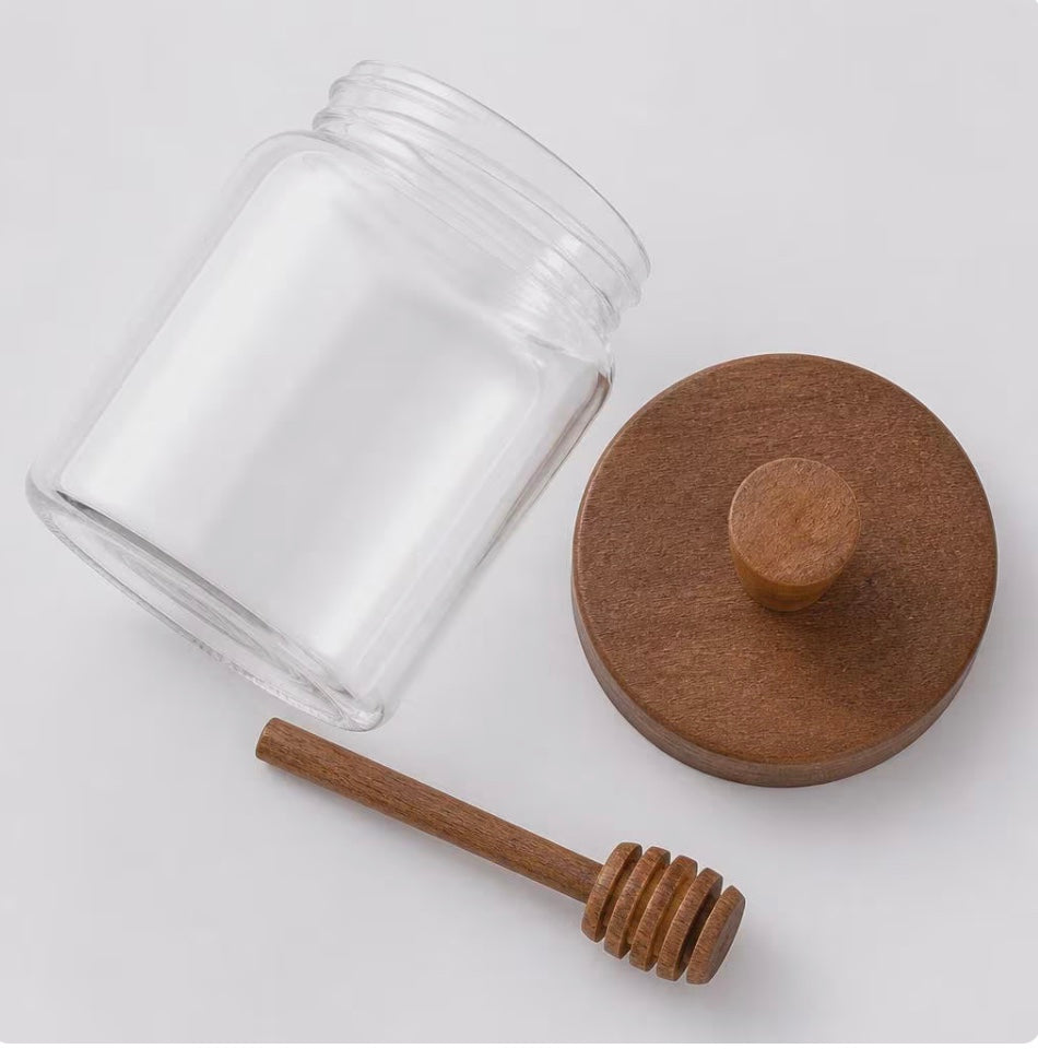 Pot à Miel Verre Borosilicate – Distributeur Cuisine Cuillère Bois Naturel