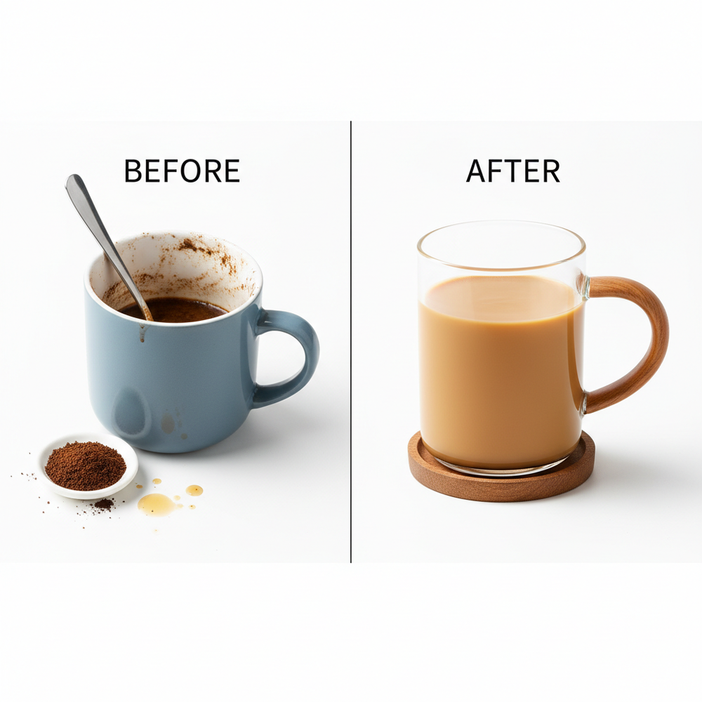 Avant après mug classique vs auto-mélangeur