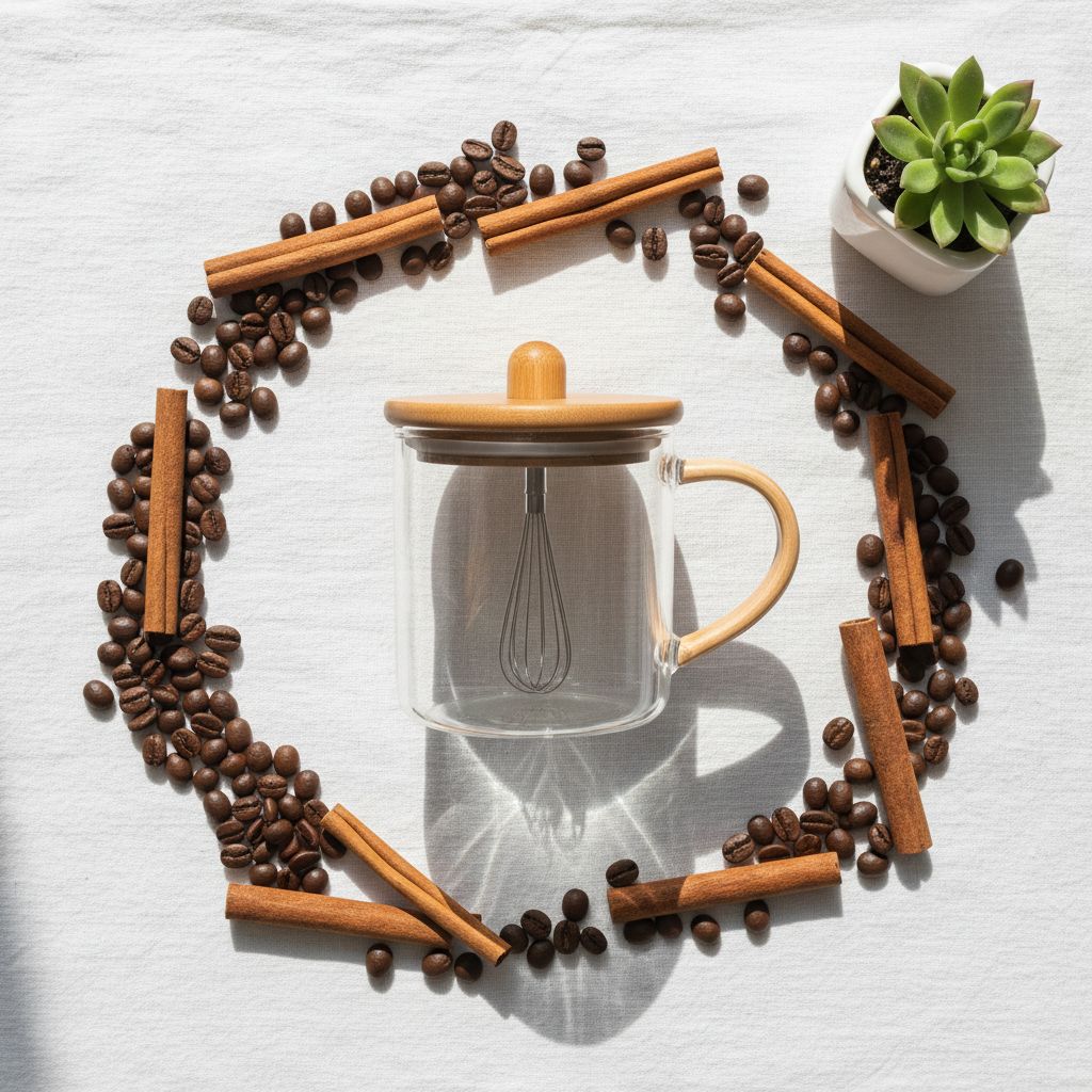 Flat lay mug café grains cannelle scandinave