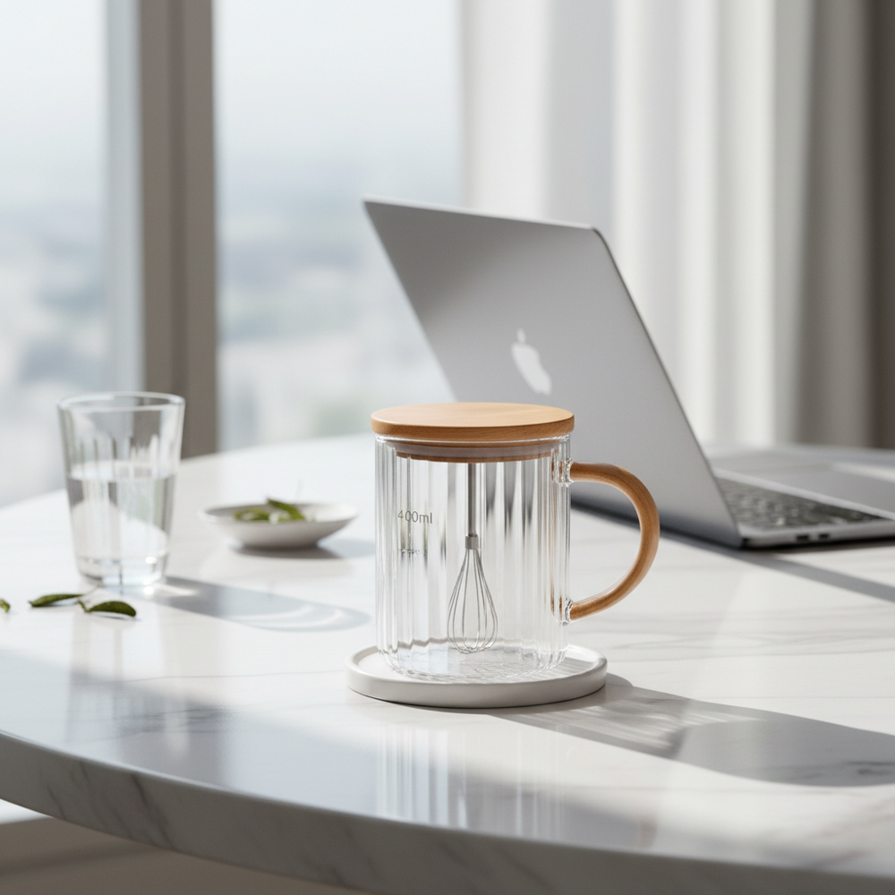 Mug auto-mélangeur lifestyle bureau marbre