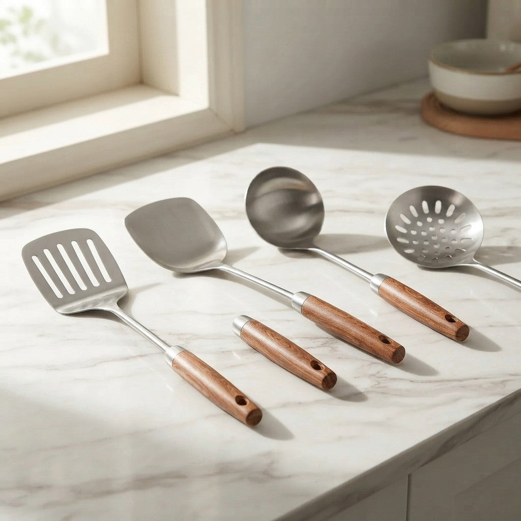 Set Ustensiles de Cuisine Inox & Bois