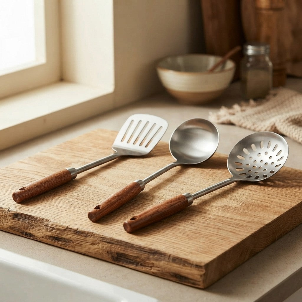 Set Ustensiles de Cuisine Inox & Bois